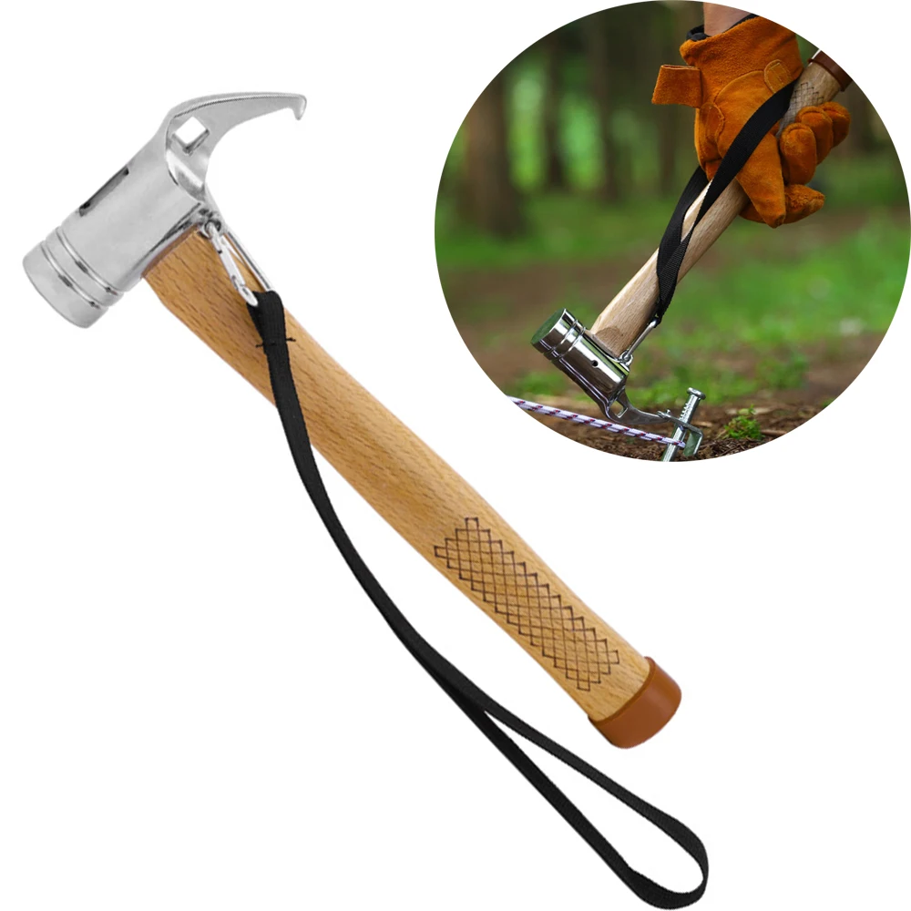 1pc Steel Camping Hammer Portable Multifunctional Wood Handle Ground Nail Hammer or 1pc 30cm Steel Tent Peg Nails Outdoor Tools