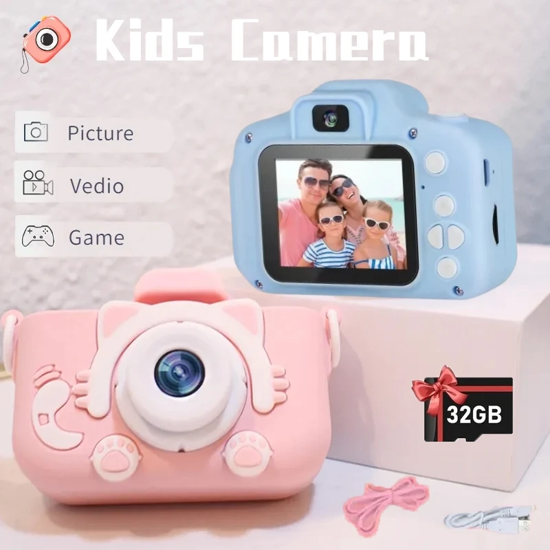 Children Camera 16/32G Mini Digital Cartoon Cat Cam Educational Toys For Kids HD Video Camera Outdoor Photography Toy Xmas Gifts
