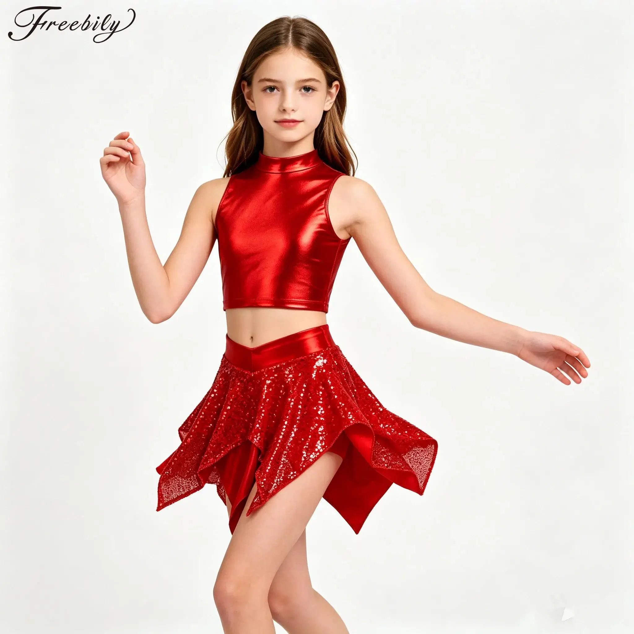 Kids Girls Hip Hop Jazz Modern Dance Costume Sleeveless Metallic Crop Tops with Shiny Sequins Skirt for Cheerleading Performance