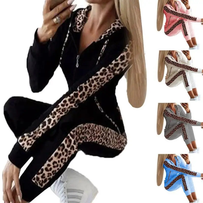 

Ladies Casual Leopard Print Hoodie And Pants Sets Zipper Long Sleeve Autumn Spring Fashion Women's Clothing Two-Piece Set