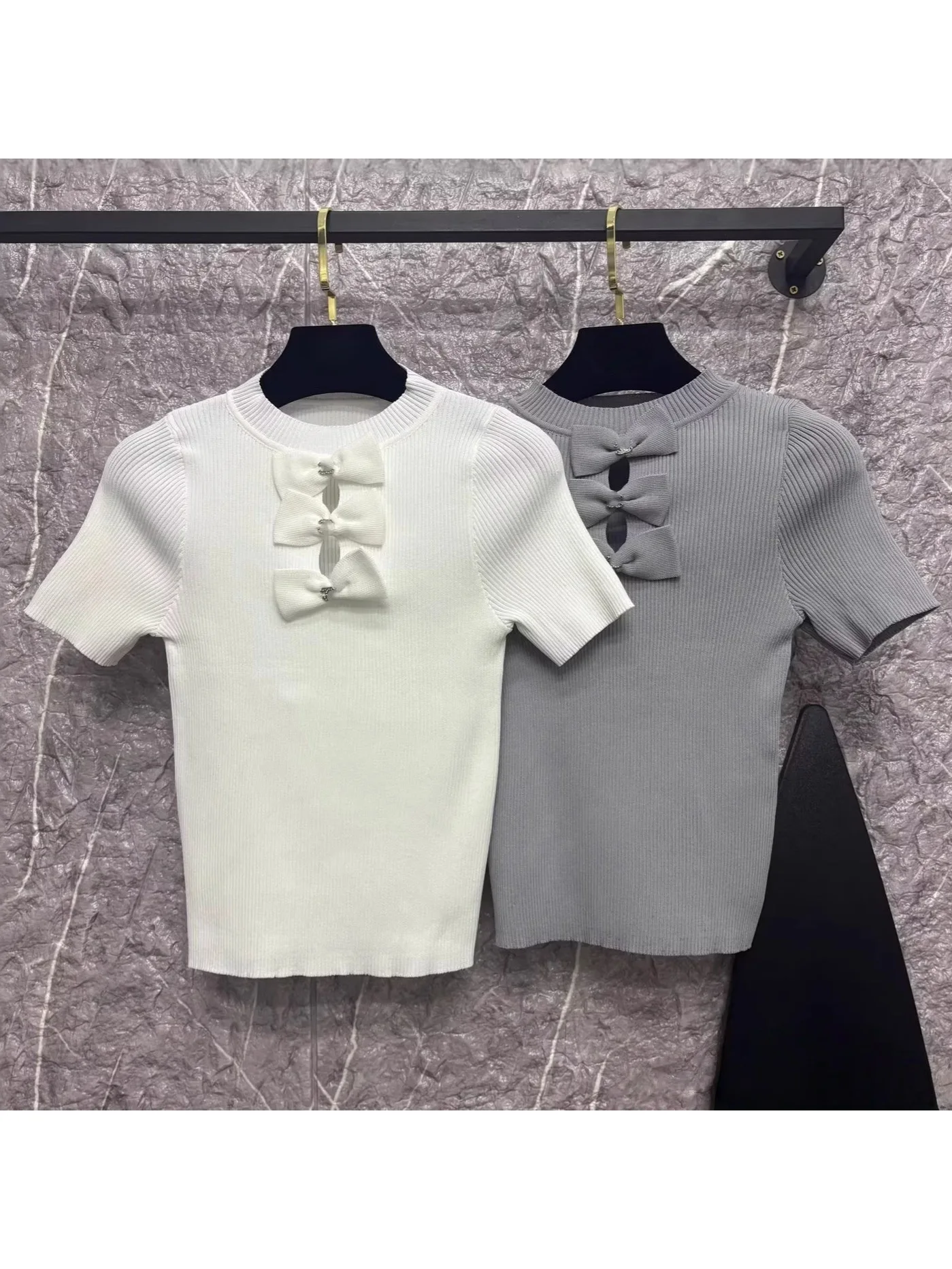 

French Style Knot Decorated Short Sleeve Women's Knitwear round Neck Pullover Soft Breathable Thin Bodycon Top