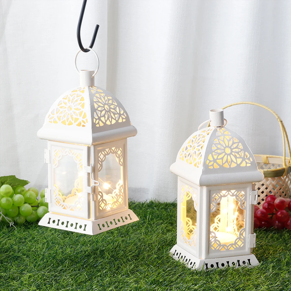Set of 2 Vintage Decorative Lanterns 7.5''H Battery-Operated Metal Hanging Lanterns with Fairy String Lights for Indoor Outdoor