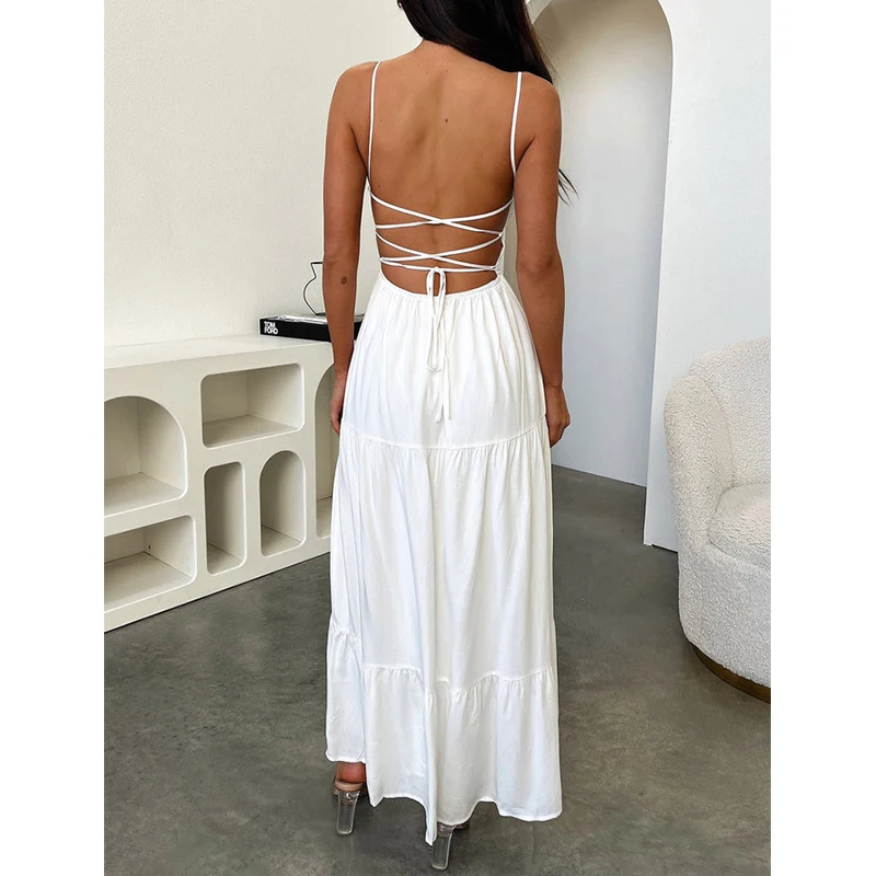 Robe longue à bretelles spaghetti pour femmes, coupe basse, décontracté, dos nu, fluide, maxi, vêtements de vacances, batterie, été, sexy, y2k