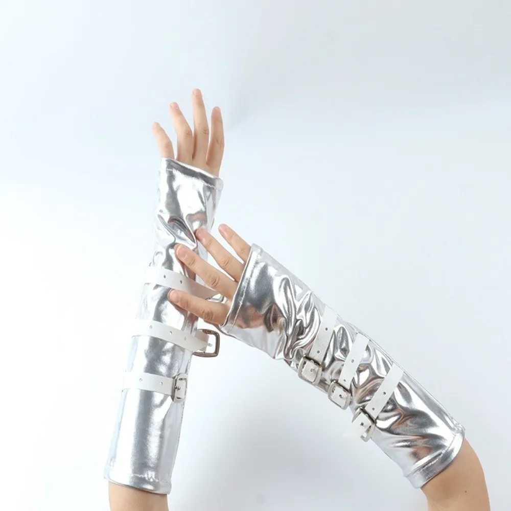 Solid Color Punk Arm Sleeves Lacquer Leather Lightweight Dark Gothic Arm Covers Wristband Metal Buckle Half-arm Sleeve Gloves