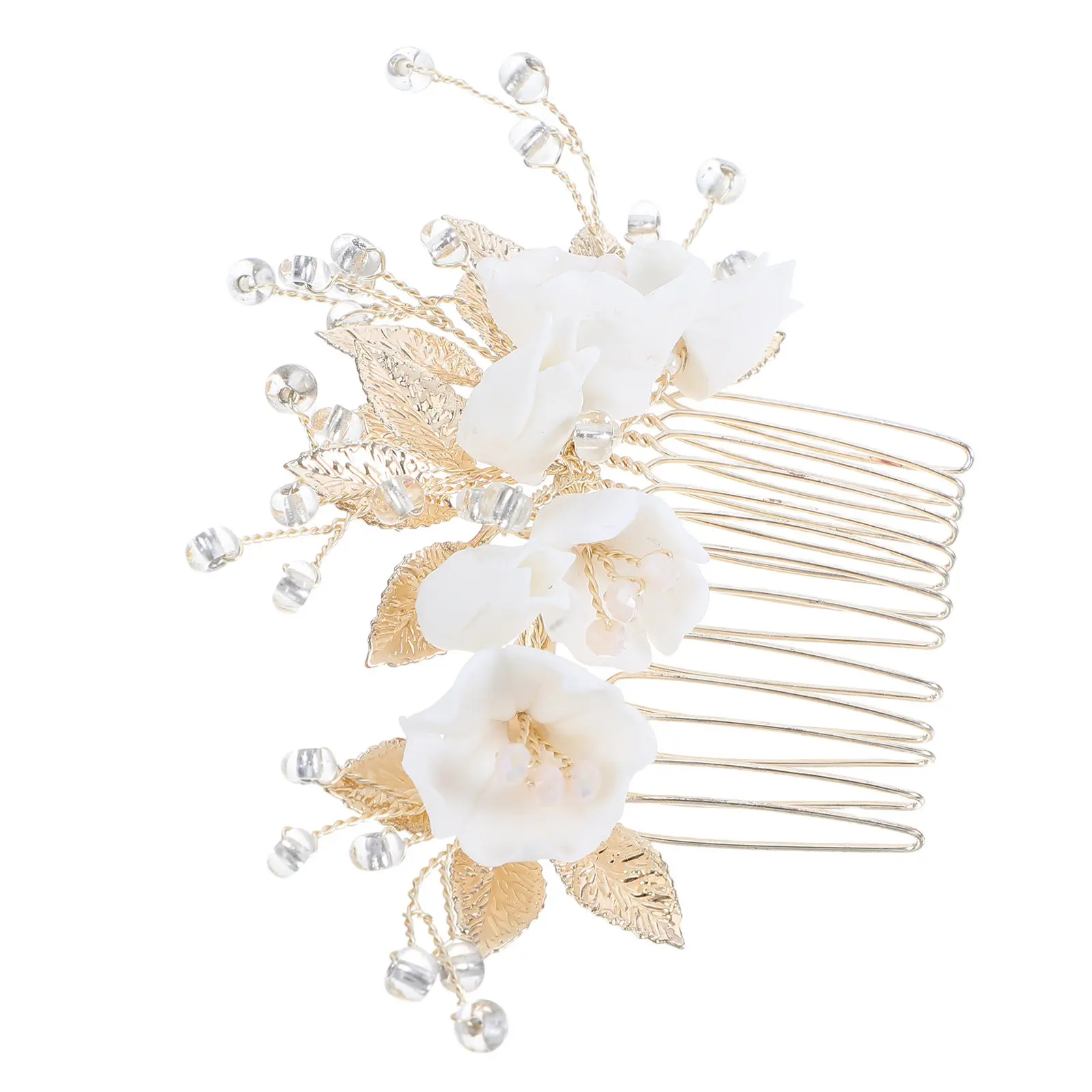 

Faux Pearl Bridal Hair Comb Ceramic Alloy Motif Wedding Headpiece for Women Vintage Nature Inspired Handcrafted