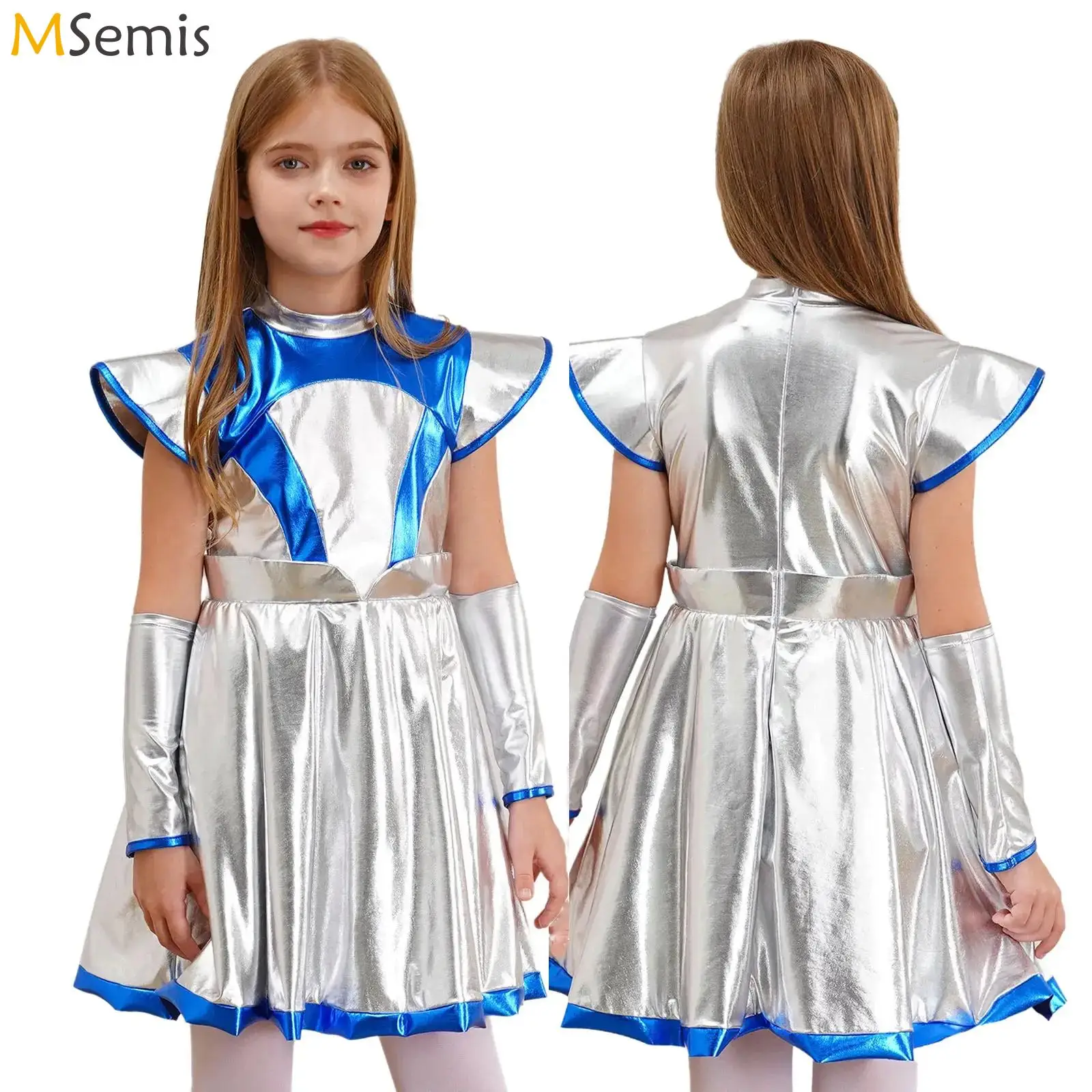 Kid Girls Halloween Alien Costumes Astronaut Cosplay Uniforms Dress Space Clothing Shiny Metallic Robot Tank Tops Cap Sleeve Set