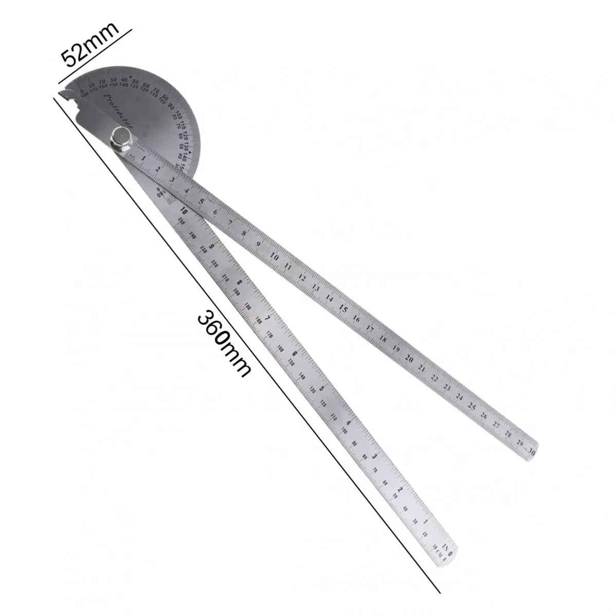 180 Degree 250 x 300mm Stainless Steel Adjustable Double-arm Angle Ruler with Round Head Rotary Protractor and Adjustable Nut