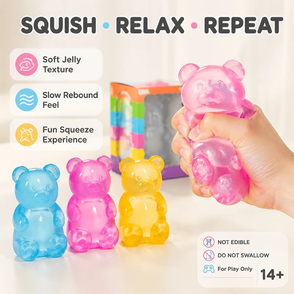 Soft Jelly Gummy Bear Squishy Toy Slow Rising TPR Fidget Sensory Stress Relief Anti Anxiety Office Desk Accessory Adults Gift