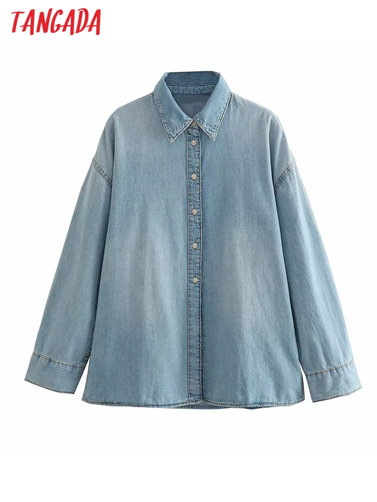 Tangada 2023 Women Oversized Denim Blouse Long Sleeve Chic Female Lady Shirt Blusas 4M345