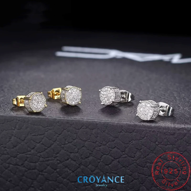 Hiphop Rock Fine Full Inlaid Zircon 7MM Round Stud Earrings 925 Sterling Silver Jewelry Women&Men Unisexual Punk Golden Ear Nail