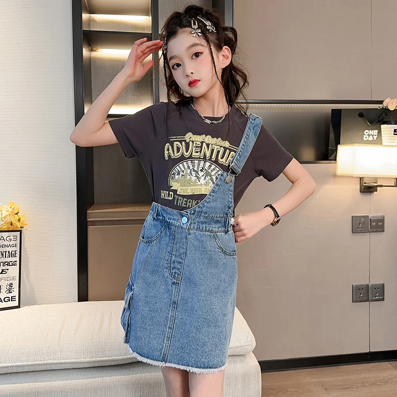 Summer new big designer design women's shoulder strap skirt denim fabric refreshing and beautiful pink girls party fashion suit