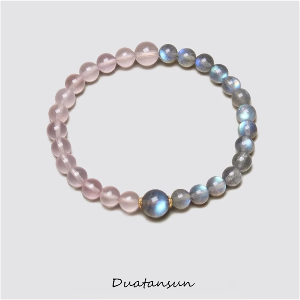 

Natural 6mm Gray Moonstone Labradorite Rose Quartz Stretch Bracelet Crystal Beads Emotional Harmony Jewelry Gift for Couple Gift
