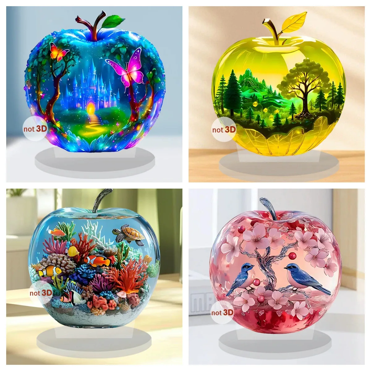 2D Acrylic Apple Table Ornaments Flat Pattern Landscape Decor For Home Office Handmade Statue Crafts Ornament Decoration Gift