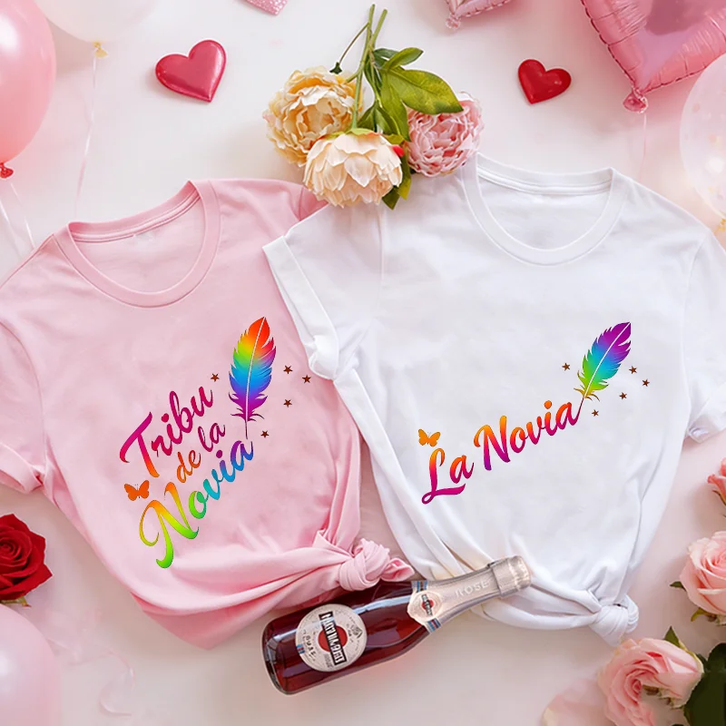 Spanish Girls Bridal Shower T-Shirt Team Bride Tribe Feather Butterfly Print Short Sleeve Tee for Hen Party Wedding Celebration