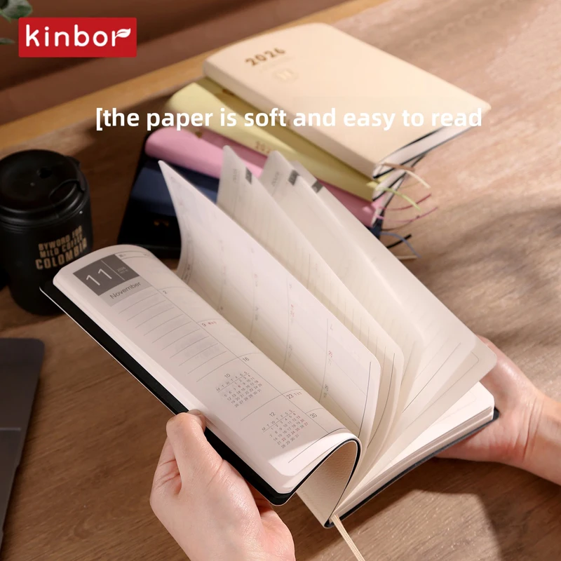 Kinbor 2026 سنة A5 كفاءة دفتر أسبوعي شهري سنوي مخطط لينة بولي أغطية أغطية جلد 78 جرام Kinbor ورقة الوقت التقويم