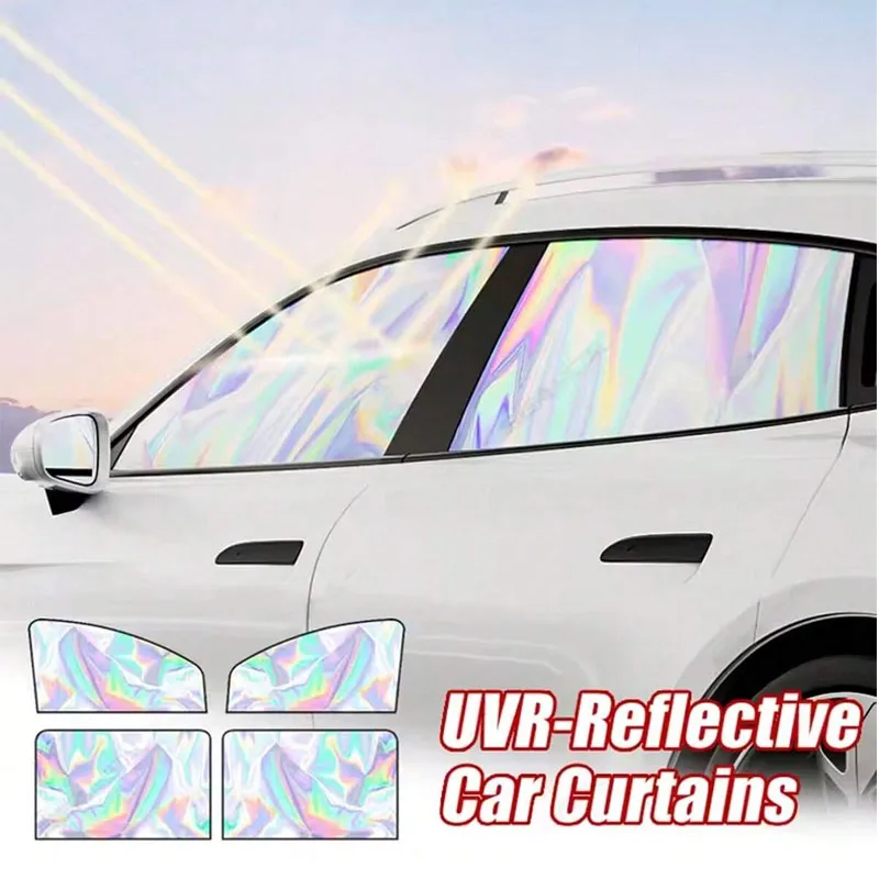 2pcs/4pcs New Laser Colorful Magnetic Car Sunshade, Light-Blocking Titanium Silver Reflective Sunshade, Blackout Side Curtains