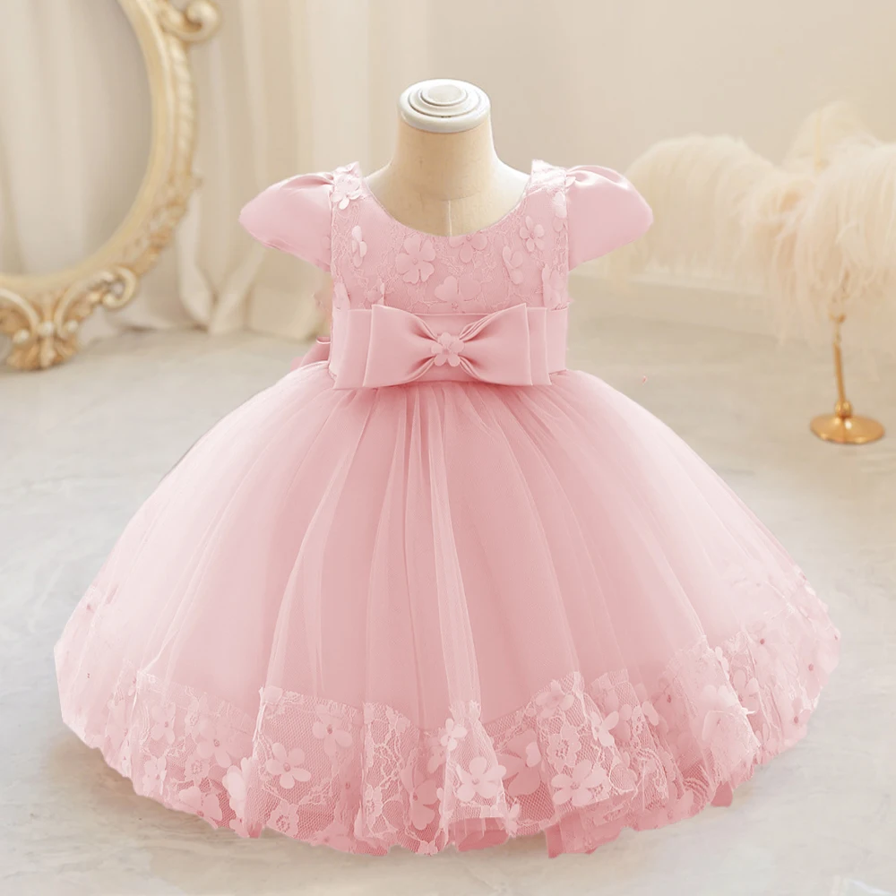 Toddler Flower Party Baby Girl Dresses Tulle 1st Birthday Wedding Princess Evening Dress Girls Bow Bridesmaids Baptism Costumes