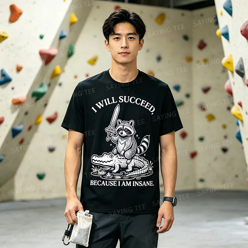 Y2k Medieval Raccoon Vintage T Shirts, I Will Succeed Because I Am Insane Funny Raccoon Sword Meme T-Shirt, Fantasy Fans Tees