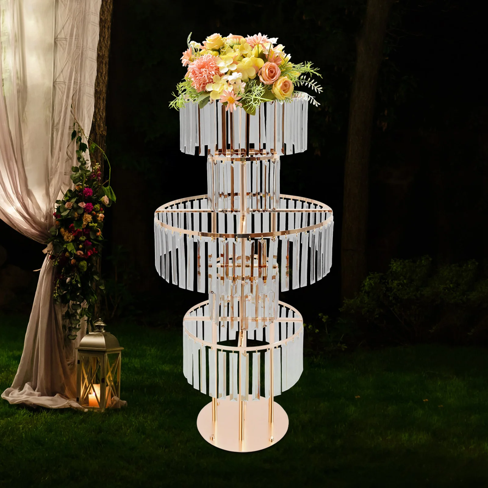 

5-Tier Gold Crystal Flower Stand for Wedding Decor, Elegant Acrylic Iron Flower Holder, Modern Tabletop Display Rack for Party