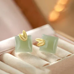 Temperament Bamboo Leaf Earrings 925 Silver Needel Stud Piercing Ear Accessories Luxury Jade Square Earrings Women Jewelry Gift