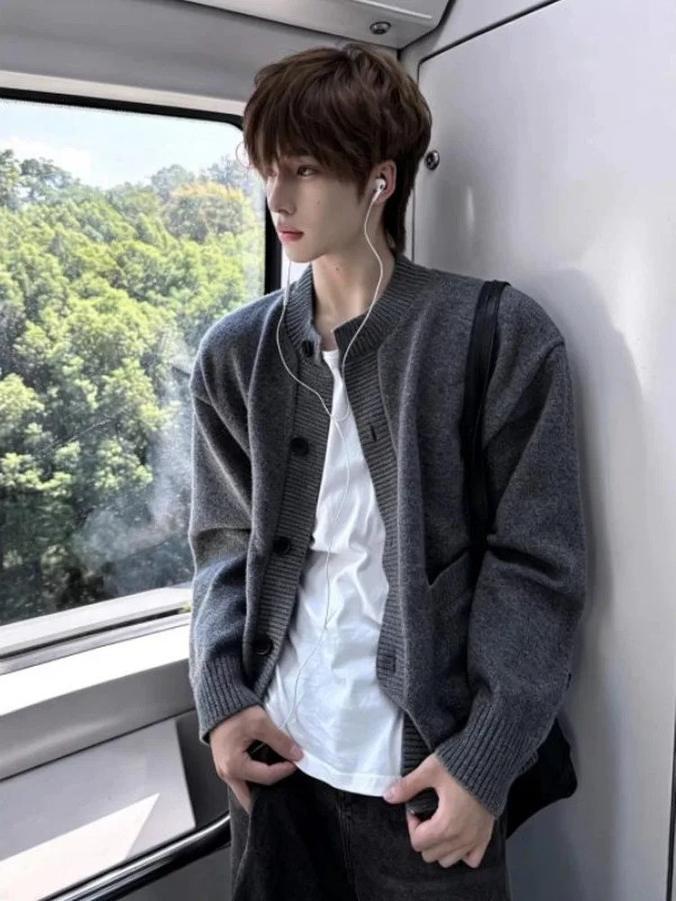 Gray American Style Open Cardigan Men's Loose Feeling Casual Knitted Sweater Autumn Leisure Wind Cleanfit Outdoor Jacket