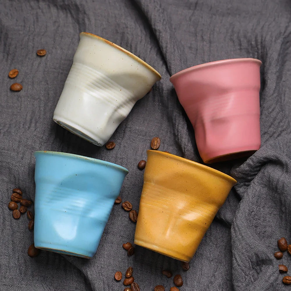 Handmade Ceramic Milk Coffee Cup Vintage Wrinkled Design Cups for Latte Espresso Afternoon Tea Light Luxury Home Drinkware