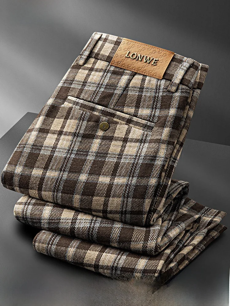 

Autumn Winter Thiened Brued Tweed Plaid Casual Pants Men Slim Straight No Iron Busin High-End Drape Small Western Pants