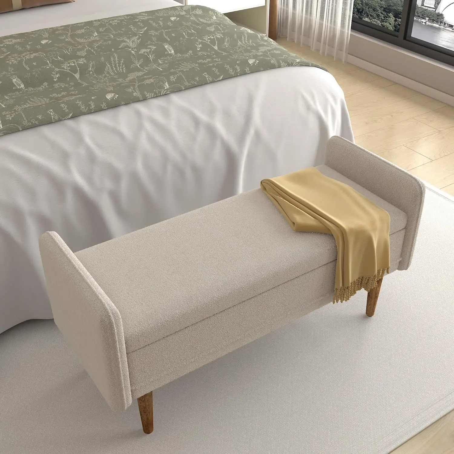 Velvet Ottoman Storage Stool, Modern Bedroom Teddy Velvet Armrest Storage Stool Suitable