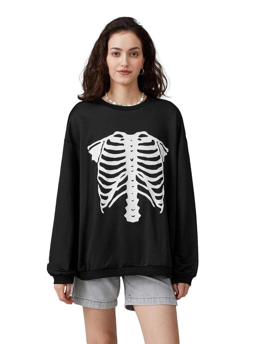 Women's Halloween Loose Sweatshirts Skeleton Print Round Neck Long Sleeve Pullovers Fall Winter Casual Tops