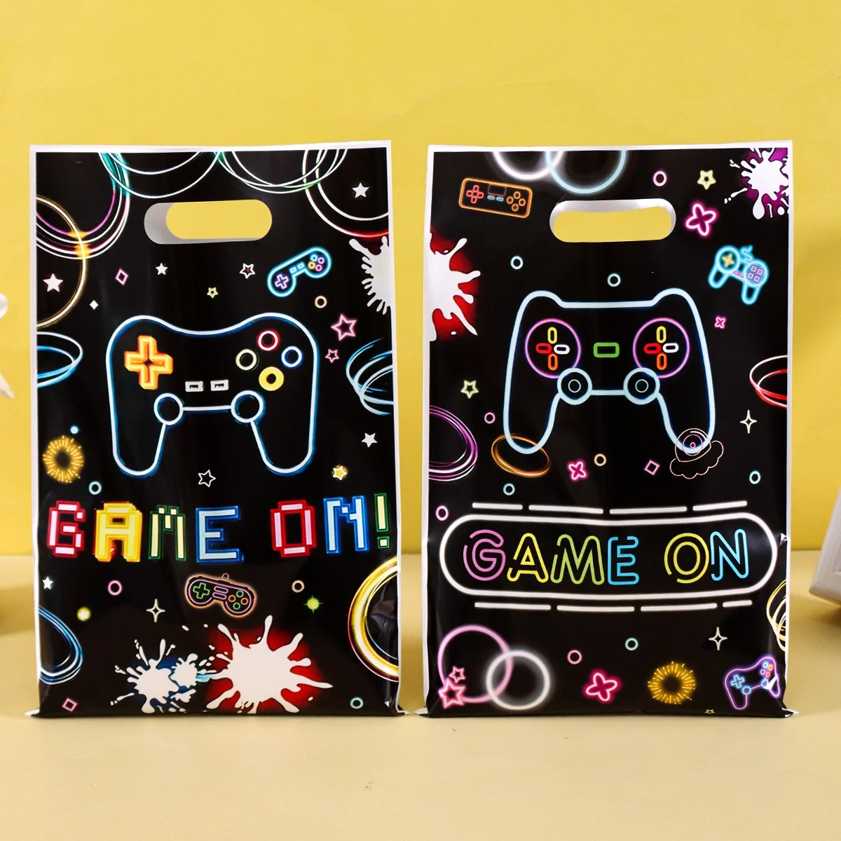 10/20/50pcs Black Game On Neon Gift Bags Game Controller Pattern Plastic Bags with Handle for Birthday Video Gamer Party Decor