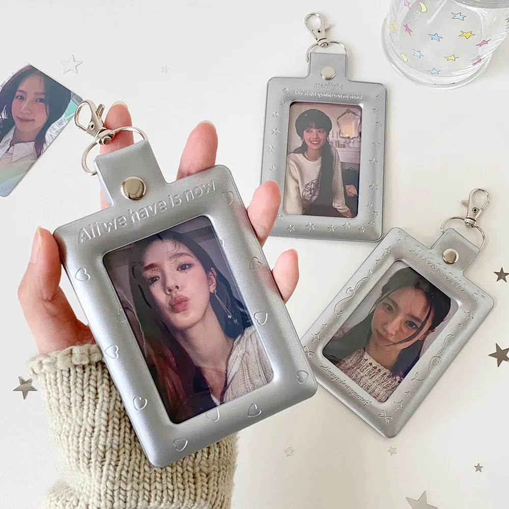 Women's Silver PU Leather Photocard Holder with Heart Embossing and Metal Clip Clear Window ID Badge Case for Kpop Fans