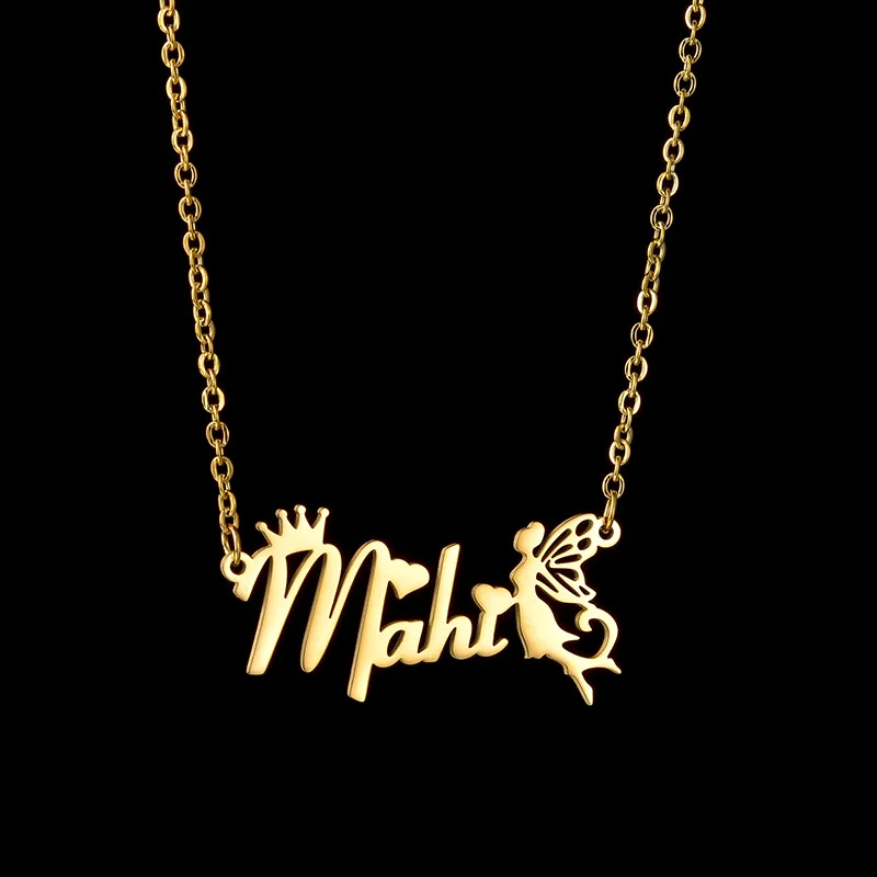 Personalized Name Necklace Angel Stainless Steel Customized Letter Crown Pendant Chain Necklaces For Women Creative Gift Jewelry