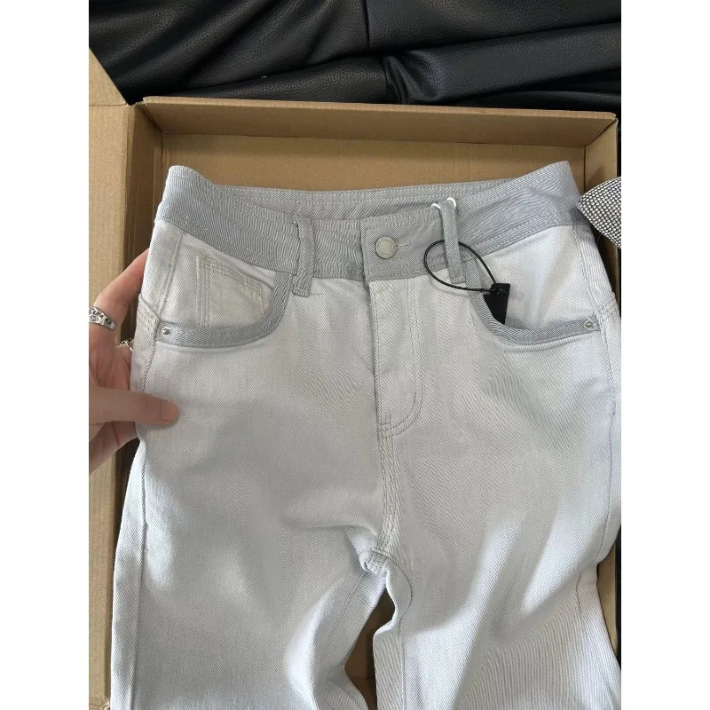Design Contrasting Color Splicing Straight Jeans Women's Summer New Korean Slightly Stretched High Waist Thin Versatile Trousers