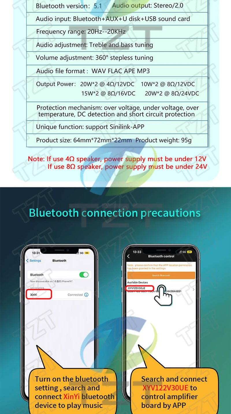 1/2 Stück XY-T15H Bluetooth 5.1 Digitaler Leistungsverstärker-Modul 15W+15W 2.0-Kanal Stereo-Verstärkerplatine für DIY Kabellose Lautsprecher – Detail 6