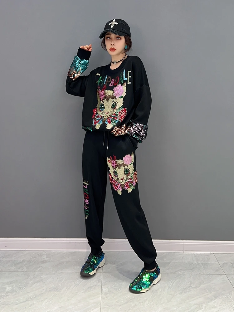 Spring 2023 new women's fashion kitten long-sleeved fleece casual pants 2 suit comfortable loose big yards tracksuit women