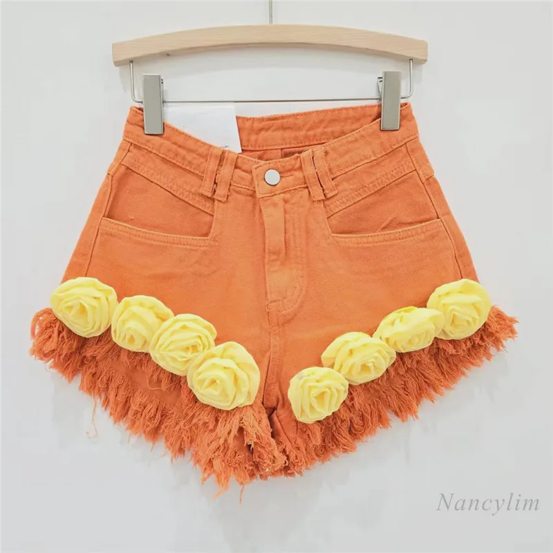 Pink Flower Tassel Denim Shorts Women 2024 Summer Niche Fried Street Slimming Hot Girl A- Line Wide Leg Hot Pants