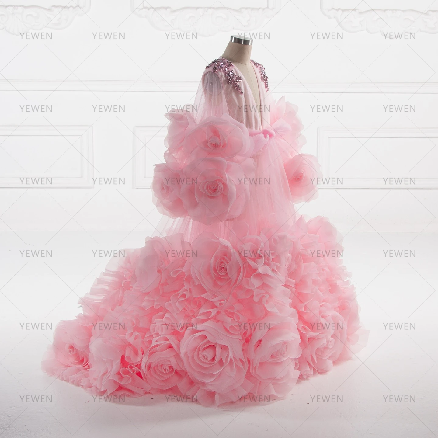 Pink Organza 3D Flowers Child Birthday Dress Flower Girl Dresses Princess Party Dress Photo Shooting Dress YW260298