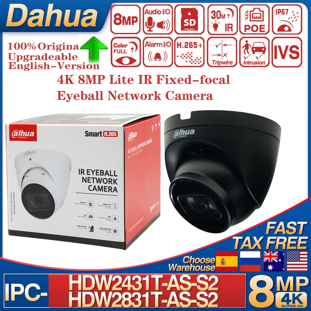 Original Dahua 4K 8MP IPC-HDW2831T-AS-S2 Lite IR Fixed-focal Eyeball Network Camera Built-in MIC 12V DC/PoE Power Supply IP67