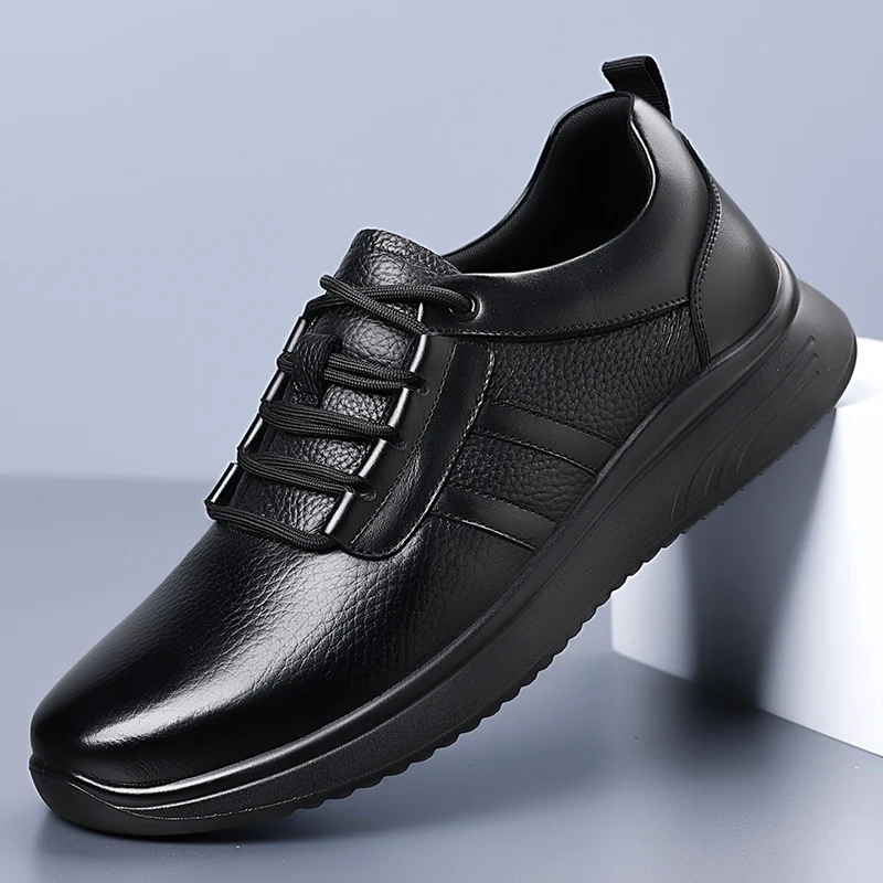 Men's Business Casual Sneakers, Lace-up Platform Height-Increasing Shoes, Pebbled Texture Patchwork Design, Versatile Footwear f