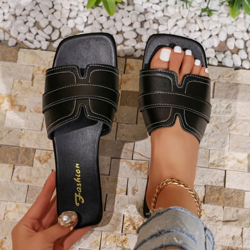Women's Flat Sandals Summer Slip-On Lightweight Square Toe Shoes Open-Toe Design Suitable for Everyday Slides Women Slippers