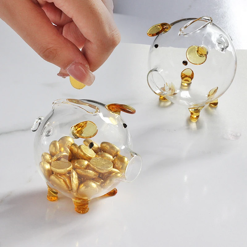 F】Mini Pig Money Jar Golden Beans Storage Box Transparent Piggy Bank Gold Glass Pig Ornaments Portable Coin Bank Saving Box Gift