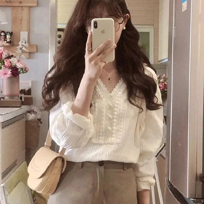 Women's Cotton Long Lantern Sleeve Blouse shirt Office Lady Elegant White Casual Loose shirt sense of minority top