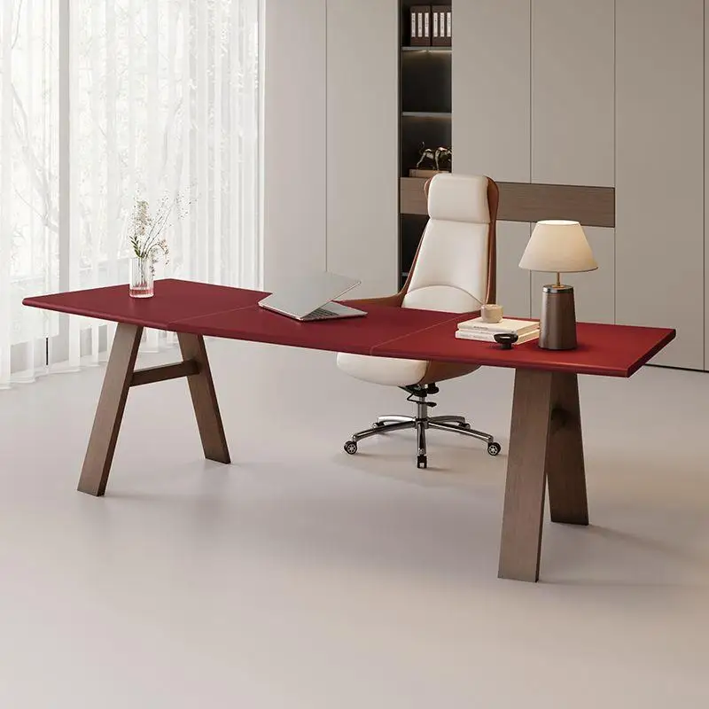 Italian minimalist saddle leather solid wood office lady boss computer desk curved office workbench