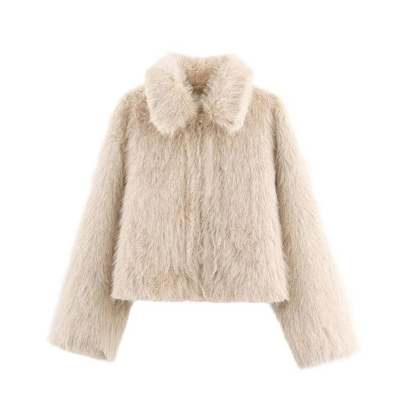 

Women's Cropped Faux Fur Jacket - Beige Collared Long Sleeve Warm Winter Outerwear