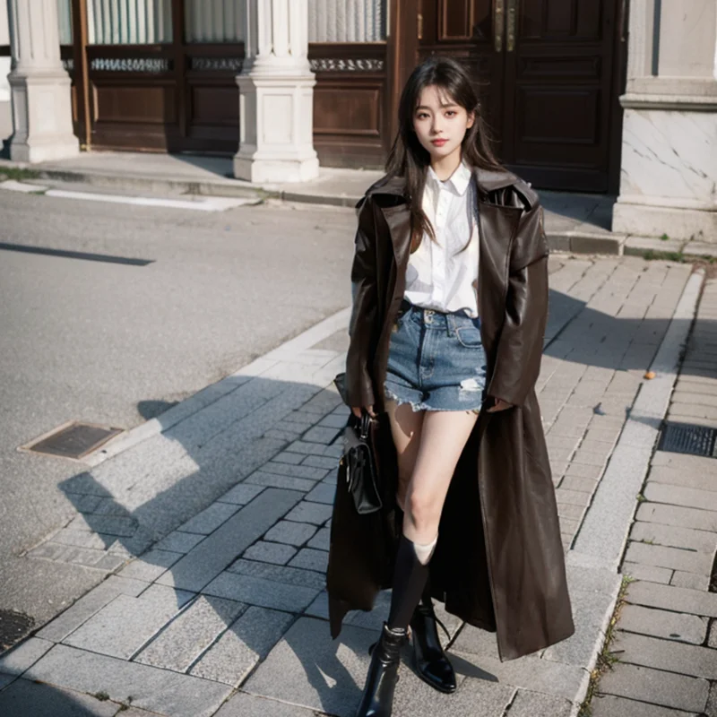 Trench in pelle vintage donna autunno nuovo doppio petto colletto rovesciato cappotti lunghi tinta unita cappotto da donna streetwear