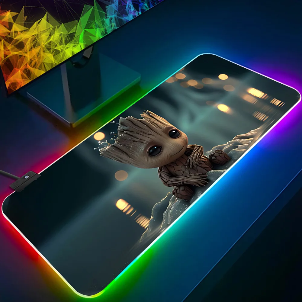 Baby Groots alas Mouse Keyboard Gamer Pc RGB, alas Mouse Pad bercahaya LED, bantalan Mouse game karet komputer
