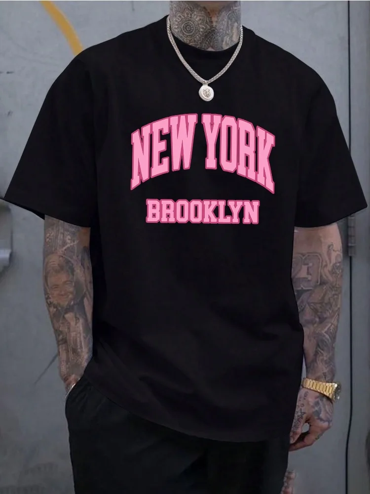 Men Summer Cotton Short Sleeve T Shirt Pink New York Brooklyn Varsity Letter Print Crew Neck Retro City Street Casual Male Tee