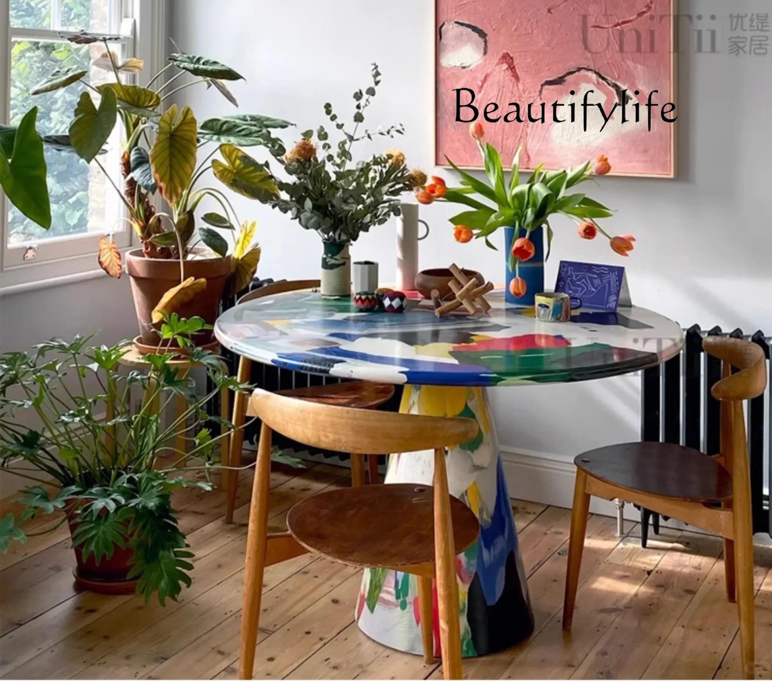 SS FRP Creative Light Luxury Color Casual Dining Table Personalized Oil Painting Pure Hand Painted Round Table