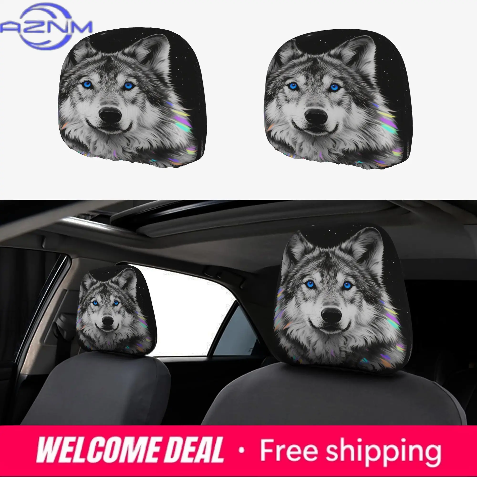 2pcs of Cosmic Wolf Design Stylish Car Seat Head Cover Suitable for All Car Models Seat Cover Accessory Car Interior