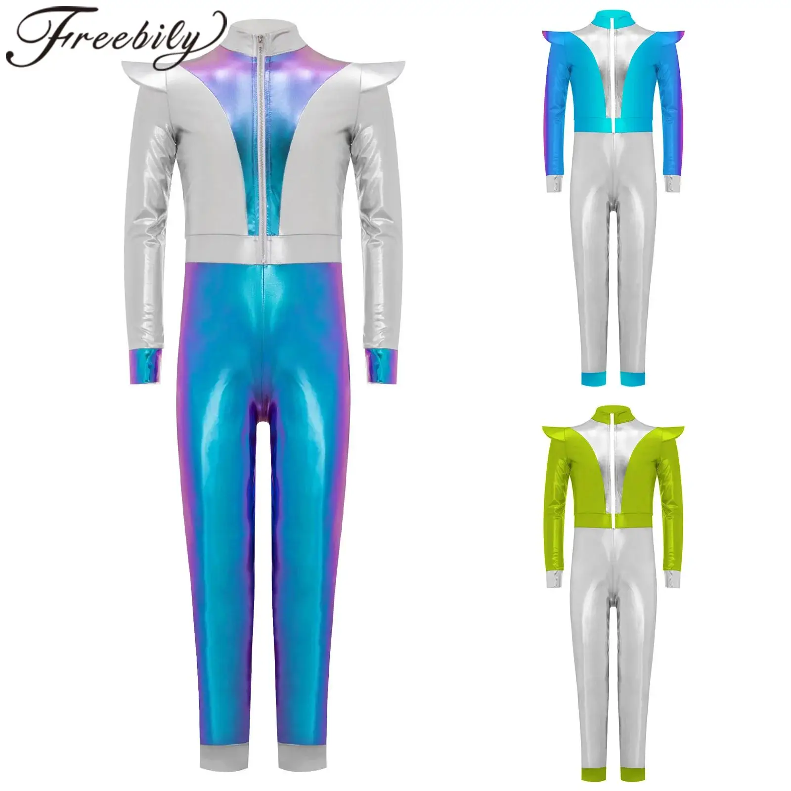 

Kids Girls Alien Metallic Outer Space Costume Jumpsuit Halloween Cosplay Robot Costume Long Bodysuit Shiny Child Carnival Outfit